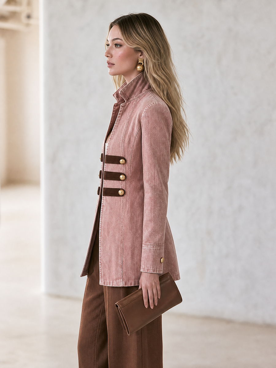 Pink Gold Button Military Denim Blazer For Women