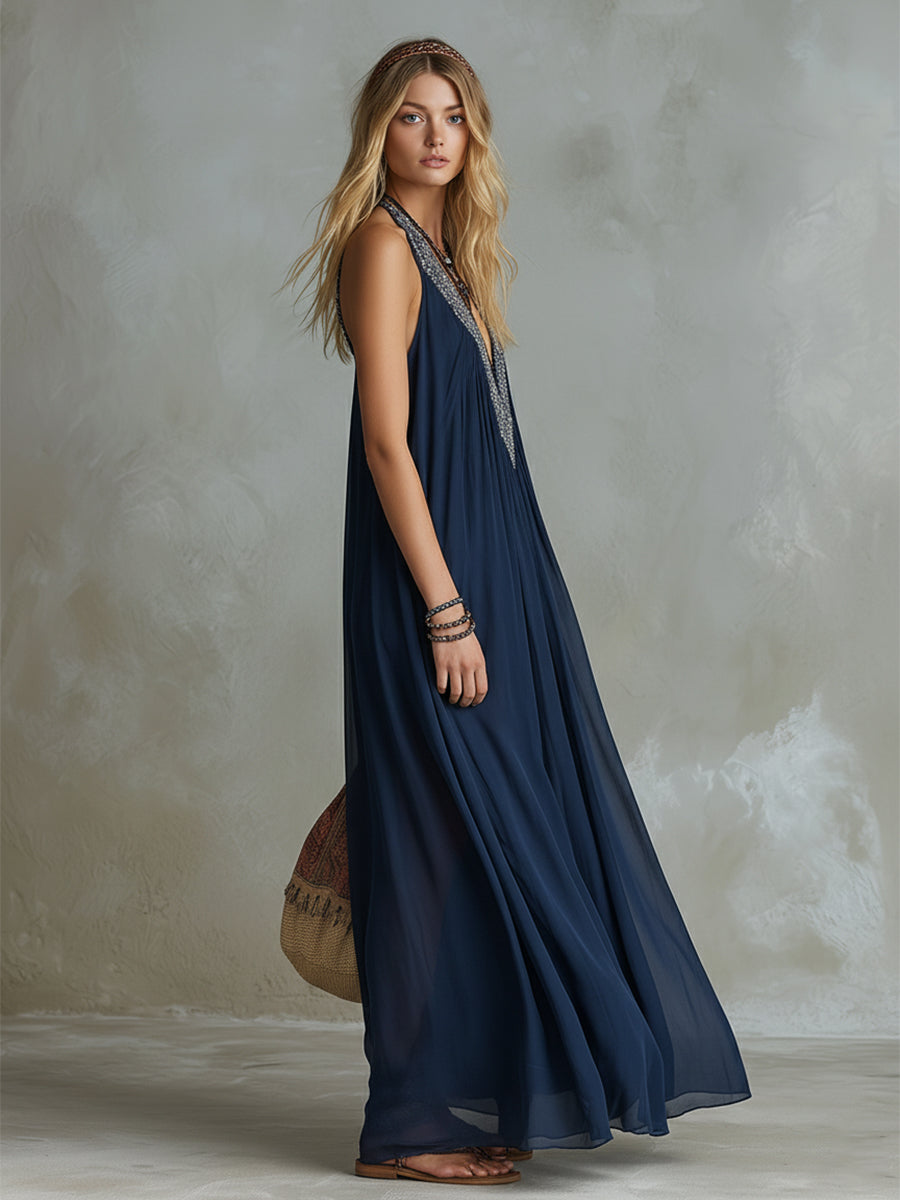 Classic Silhouette Sequin-Embellished Neckline Navy Chiffon Sleeveless Maxi Dress