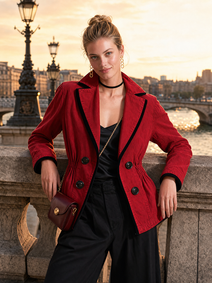 Women’s Red Denim Fitted Blazer Jacket With Black Trim