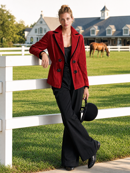 Women’s Red Denim Fitted Blazer Jacket With Black Trim