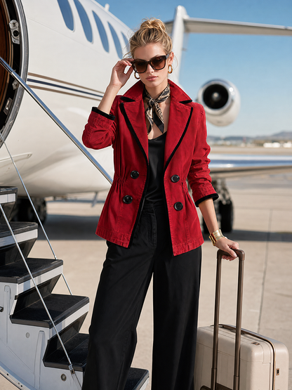 Women’s Red Denim Fitted Blazer Jacket With Black Trim