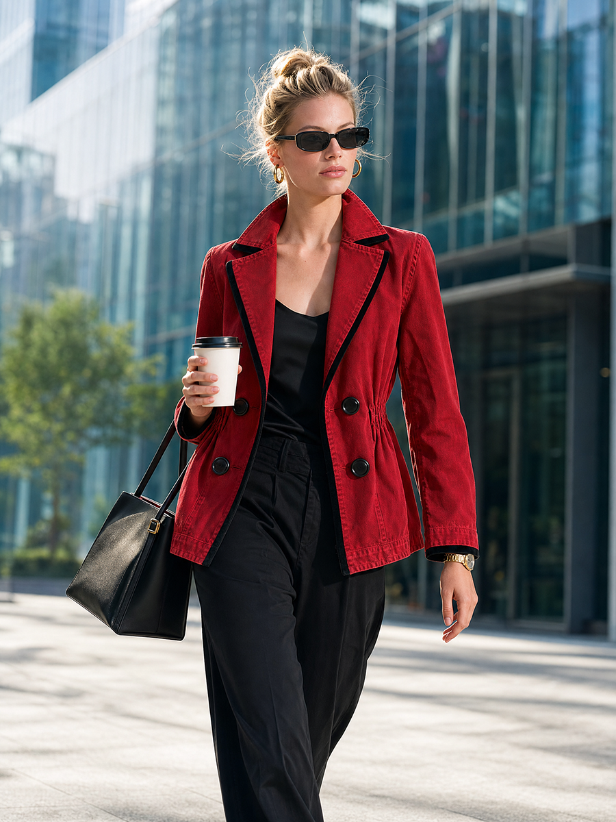 Women’s Red Denim Fitted Blazer Jacket With Black Trim