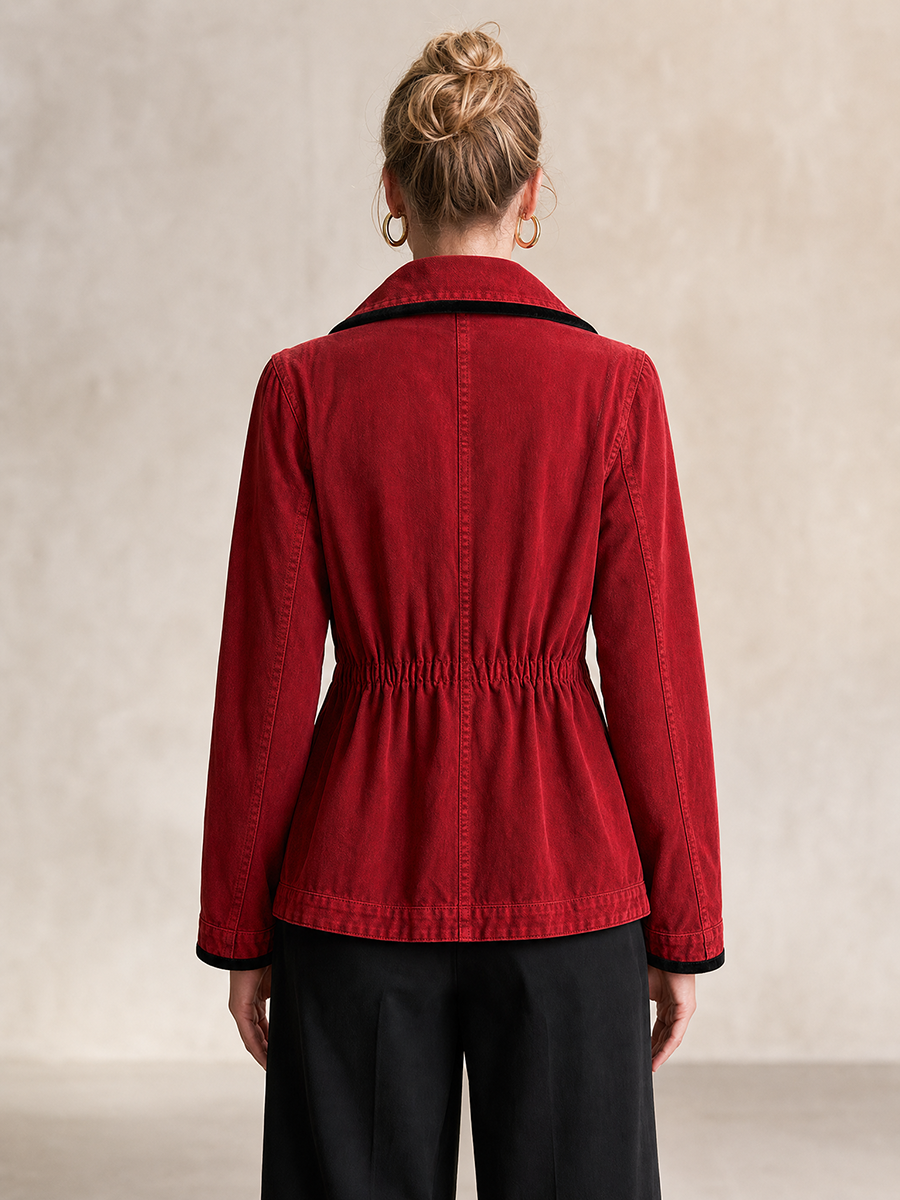 Women’s Red Denim Fitted Blazer Jacket With Black Trim