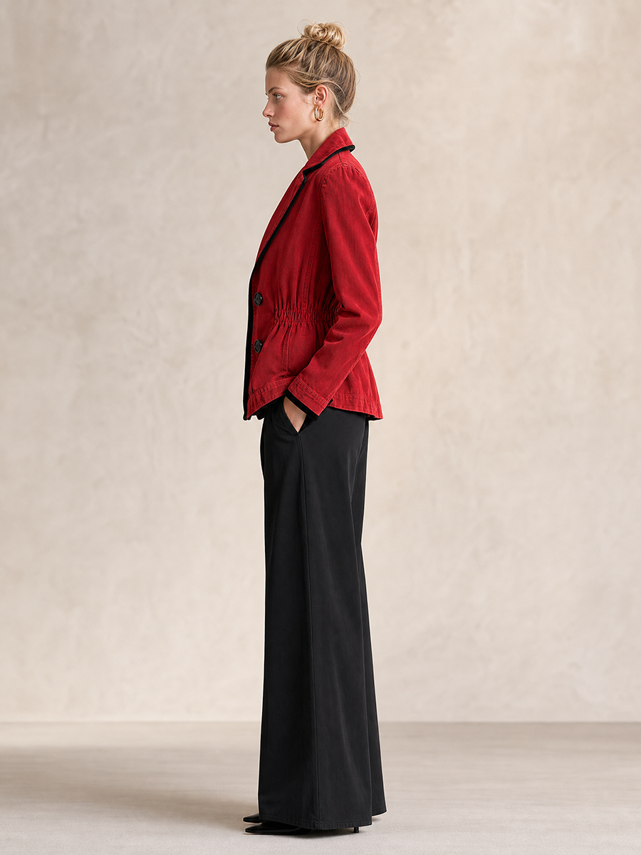 Women’s Red Denim Fitted Blazer Jacket With Black Trim