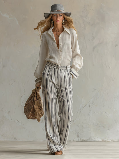 Elegant And Casual Cotton And Linen Off-white Shirt And Striped Wide-leg Pants Set