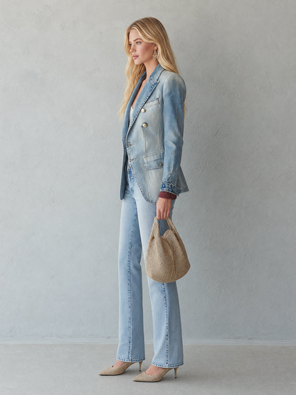 Vintage Double-Breasted Denim Blazer Suit For Women