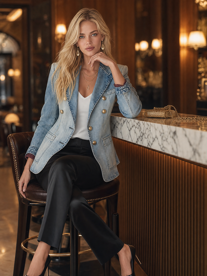 Vintage Double-Breasted Denim Blazer Suit For Women