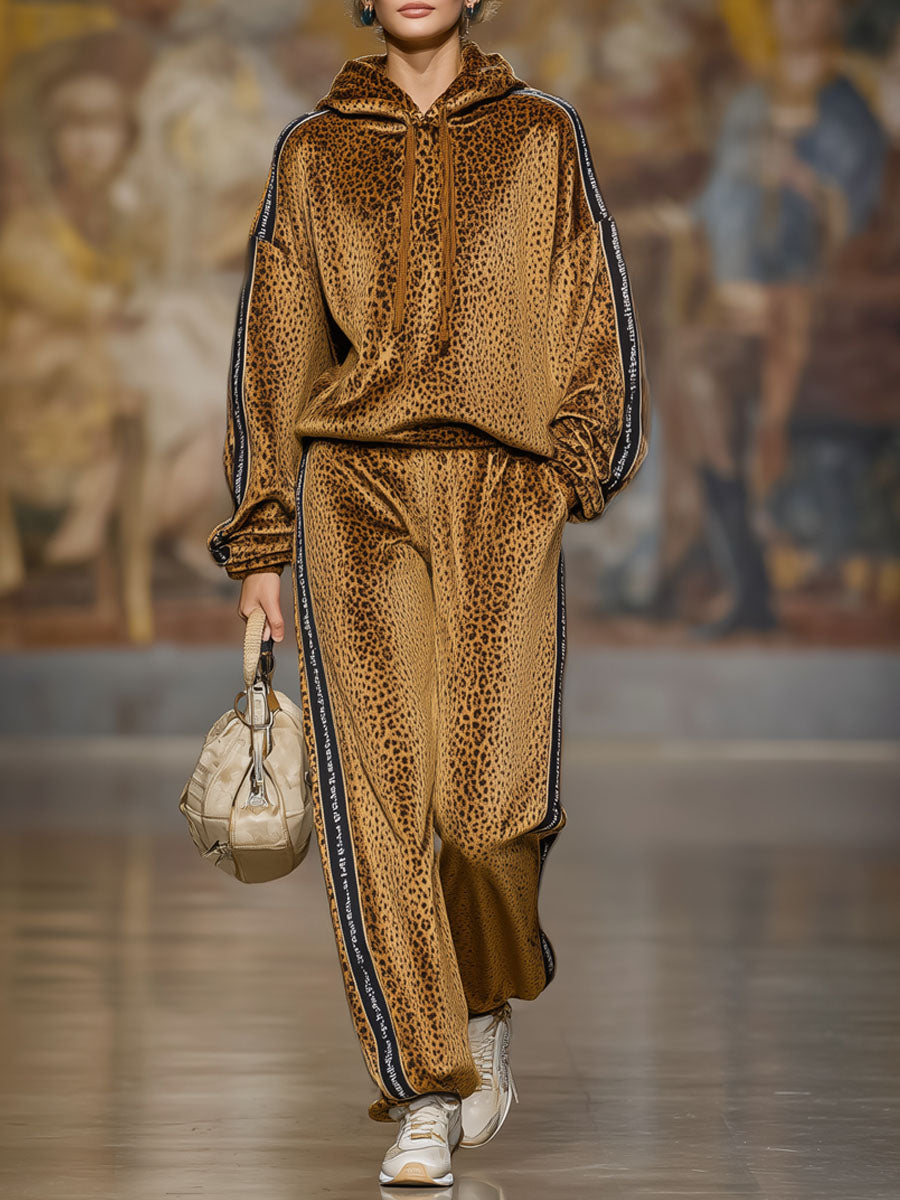 Loose-fitting Velvet Leopard Print Hoodie And Casual Pants Set
