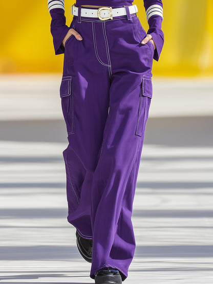 Casual Sports White Topstitching Purple Pant