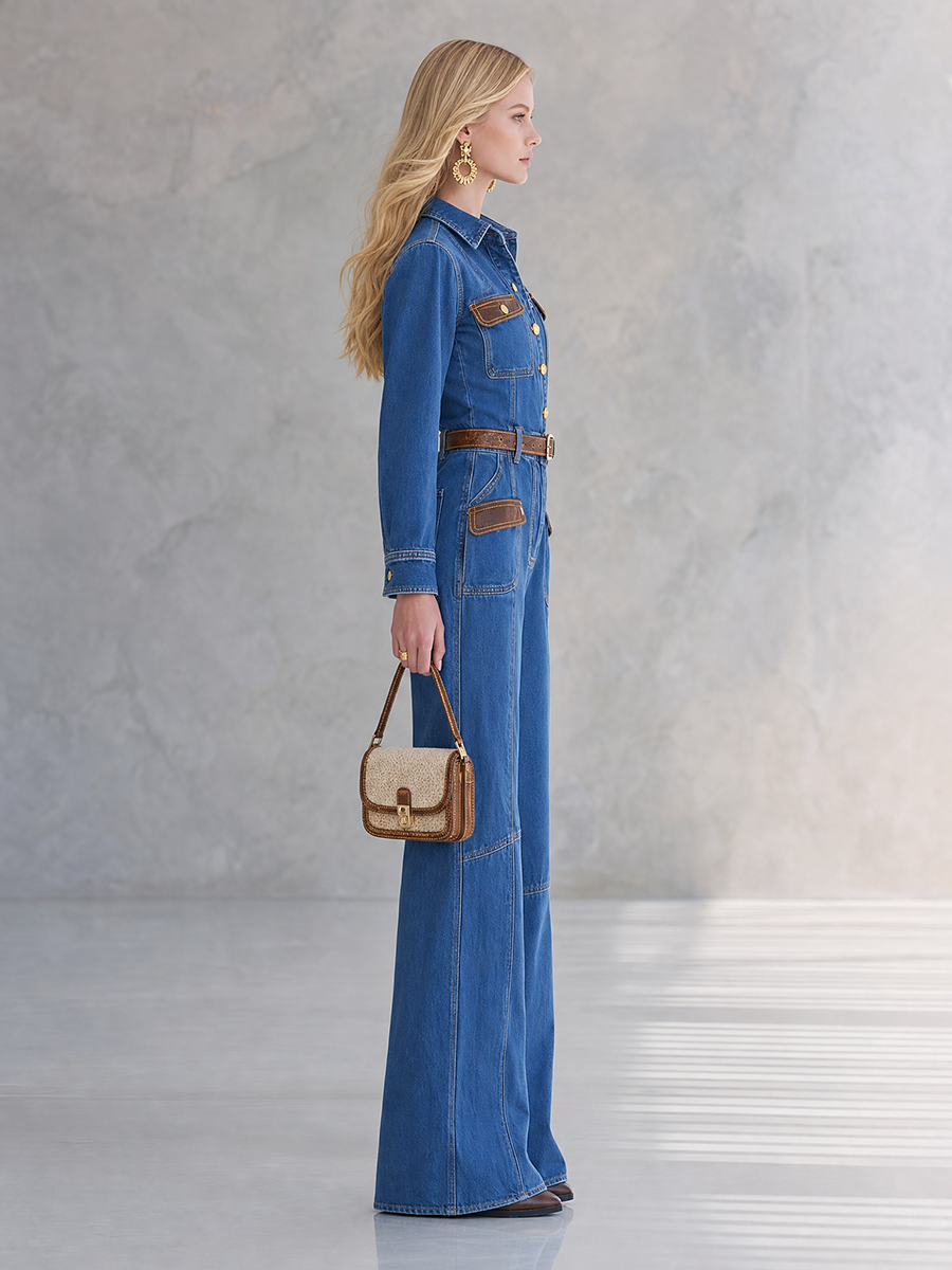 Women’s Vintage Utility Denim Jumpsuit, Wide-Leg Belted
