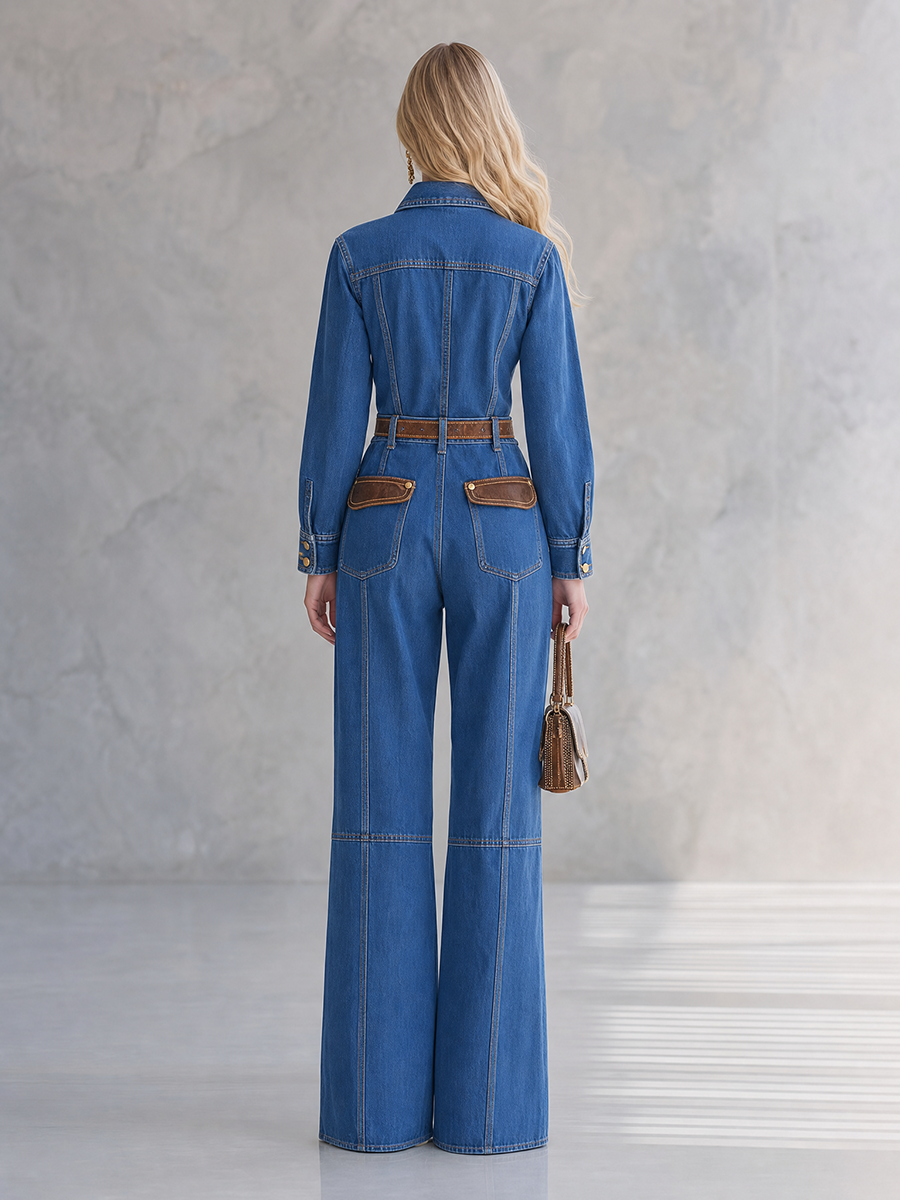 Women’s Vintage Utility Denim Jumpsuit, Wide-Leg Belted