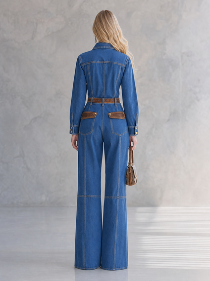 Women’s Vintage Utility Denim Jumpsuit, Wide-Leg Belted