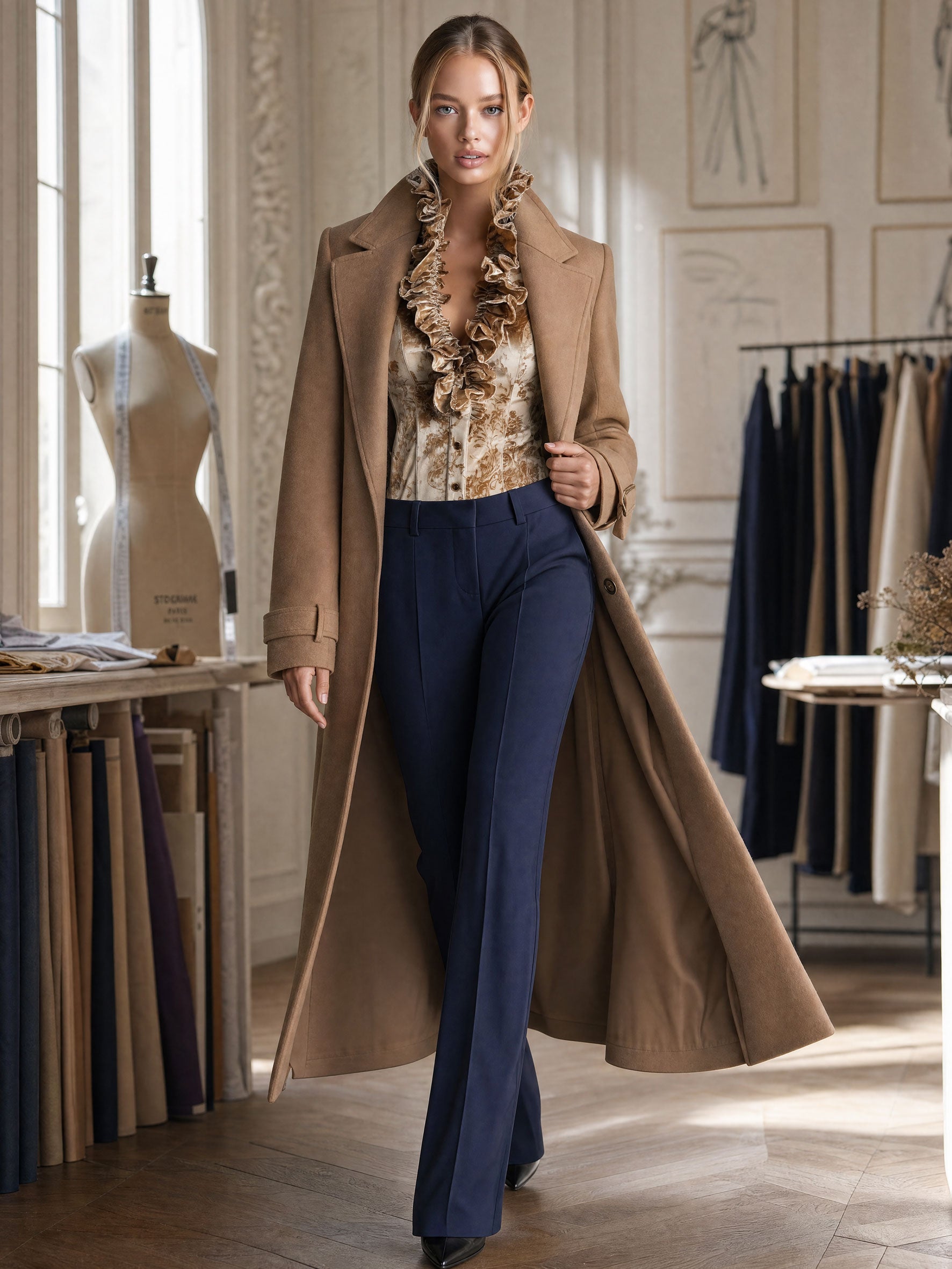 Elegant Retro-print Champagne-colored Velvet Ruffled Long-sleeved Shirt