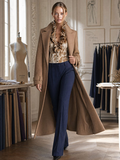 Elegant Retro-print Champagne-colored Velvet Ruffled Long-sleeved Shirt