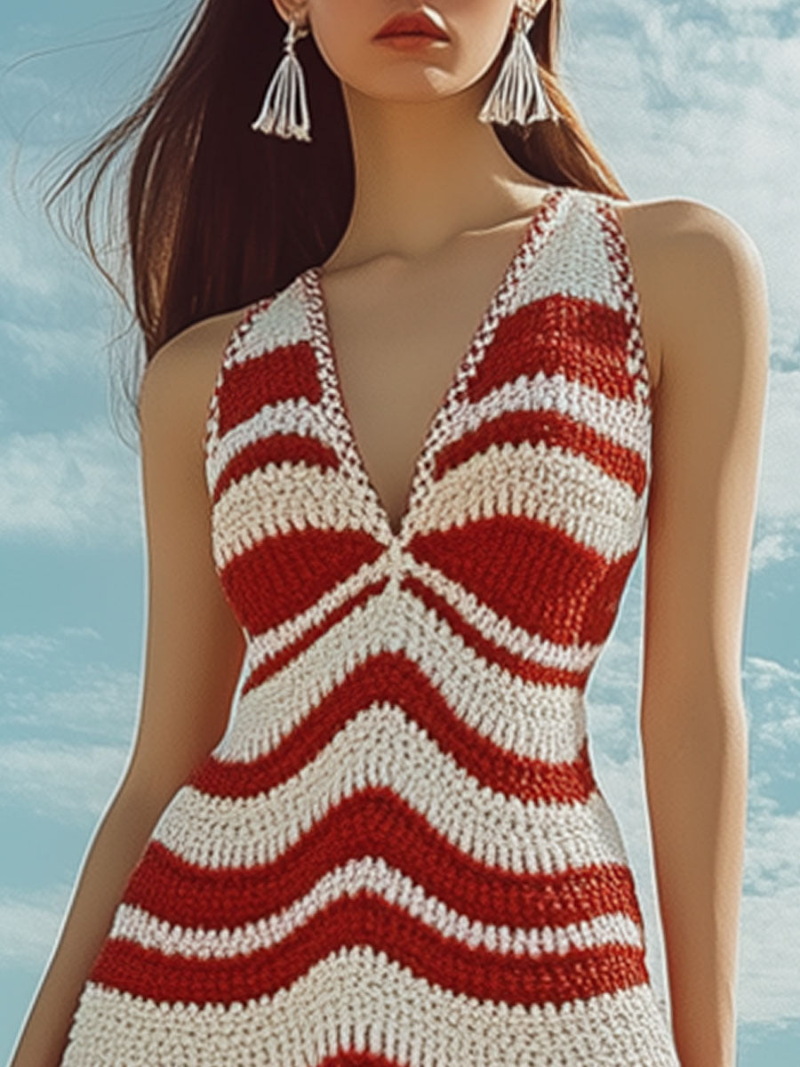 Fashion Resort Red and White Knitted Ripple Sleeveless Tassel Mini Dress