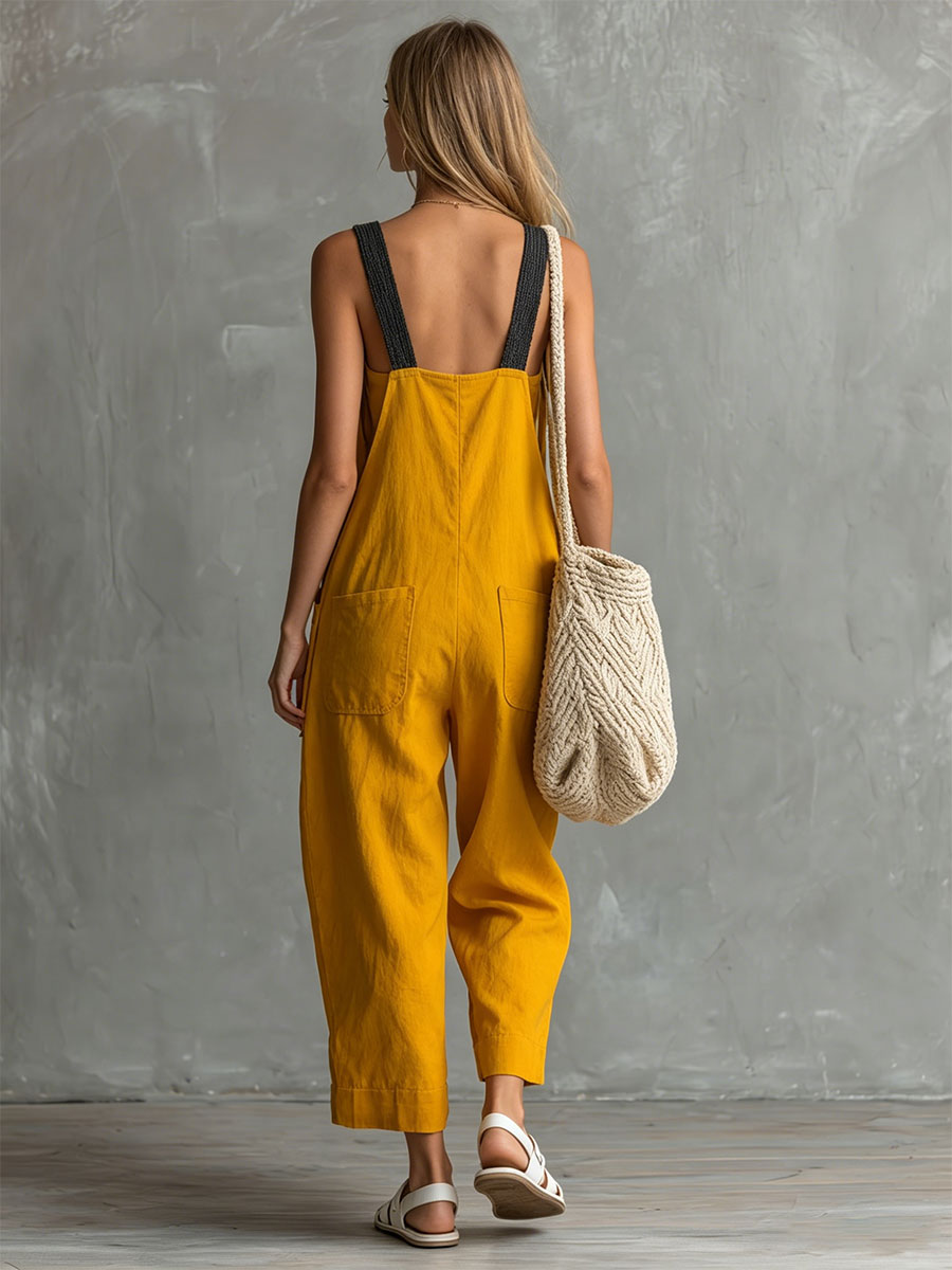 Casual Retro Color-blocked Yellow Sleeveless Button Cotton-linen Jumpsuit