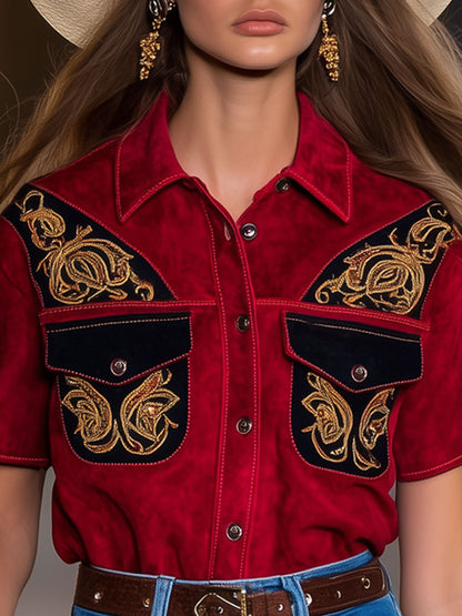 Casual Loose Retro Red and Black Suede Ethnic Embroidery Short Sleeve Shirt