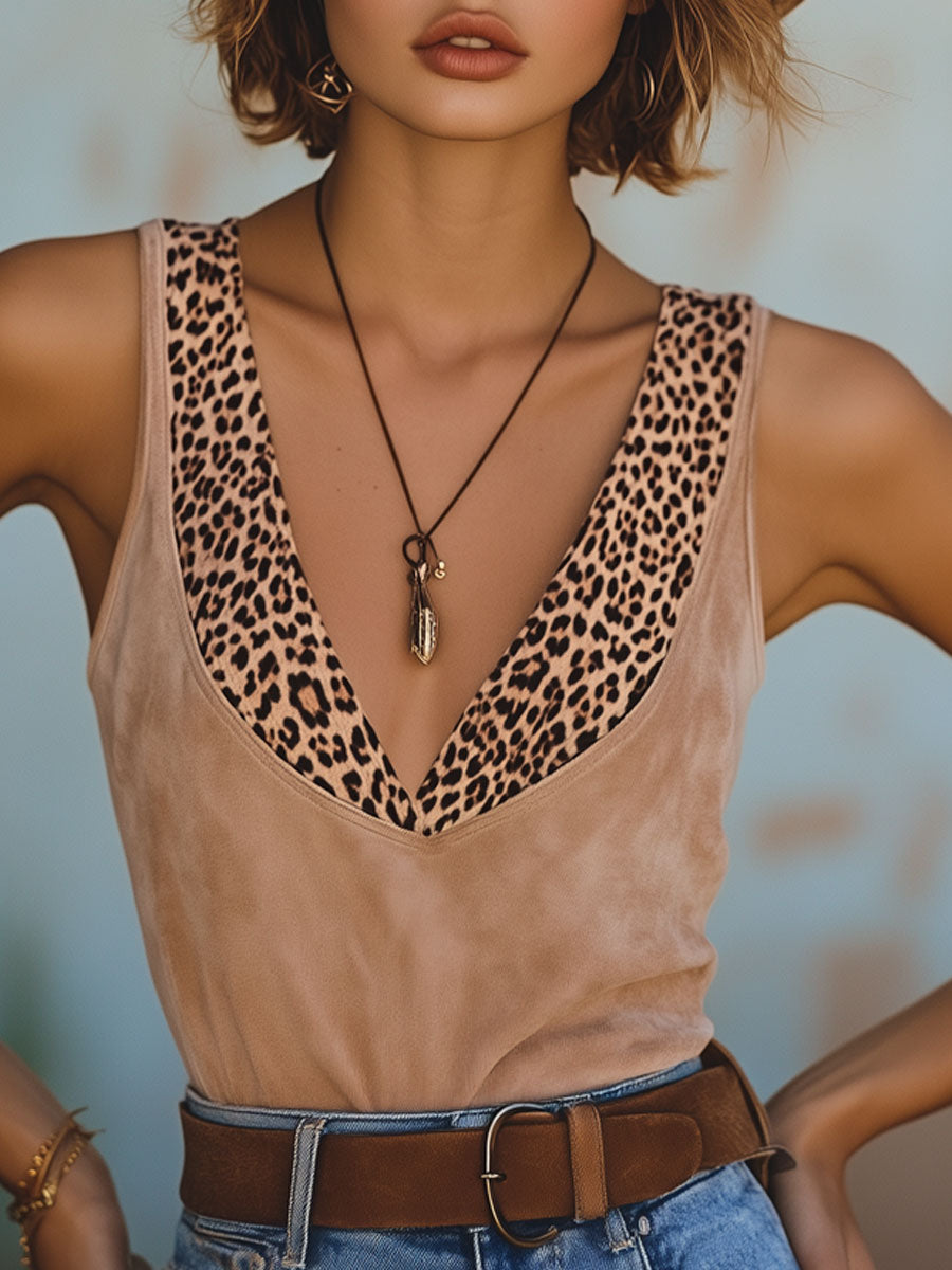 Casual Retro Pink Suede Leopard Print V-Neck Tank Top