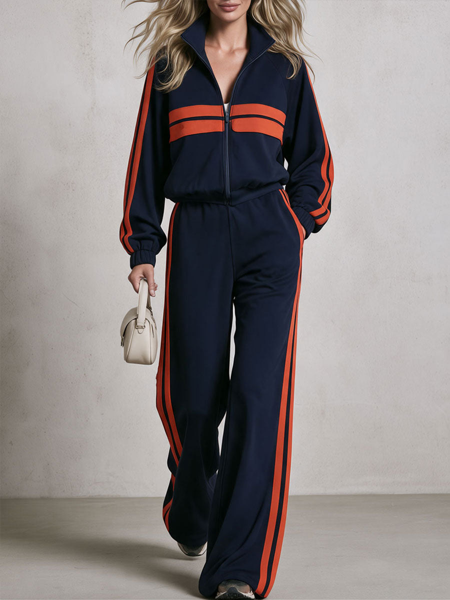 Casual Retro Sporty Color-blocked Woven Blue Sweatshirt Jacket And Pants Set