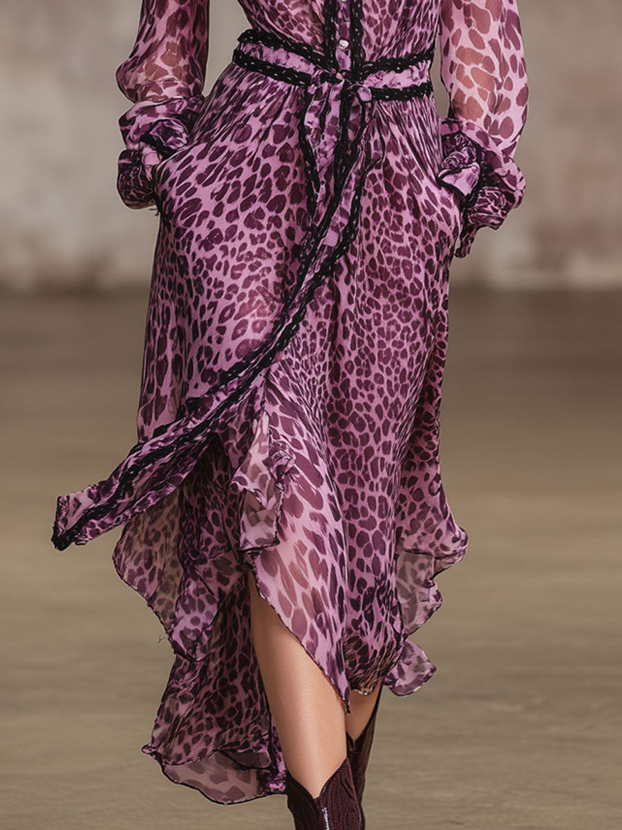 Retro Vacation Pinkish-purple Chiffon Leopard Print Lace-trimmed Long-sleeved Dress