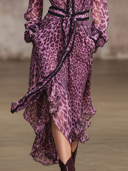 Retro Vacation Pinkish-purple Chiffon Leopard Print Lace-trimmed Long-sleeved Dress