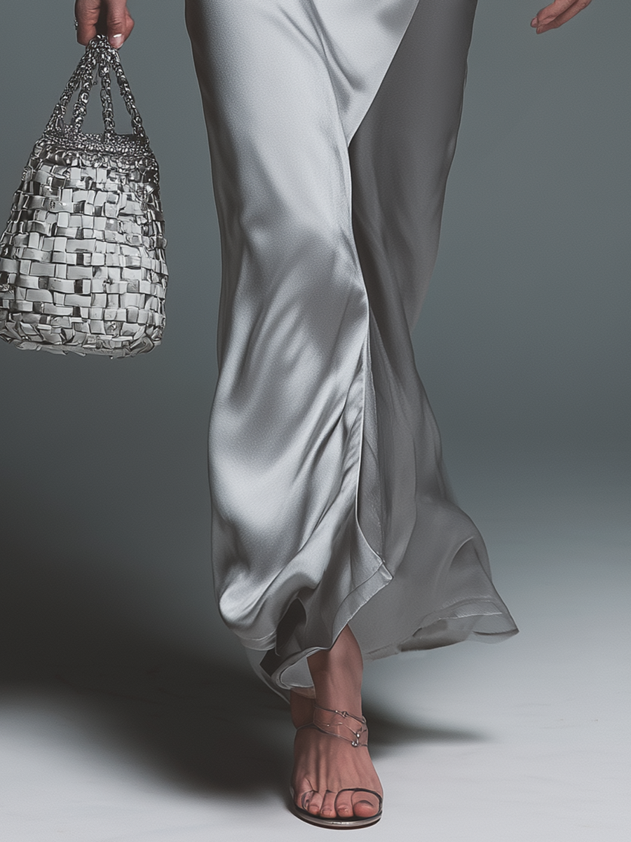 High-quality Elegant Fashion Pleated Satin Maxi Skirt