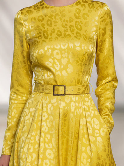 Elegant Yellow Leopard Print Round Neck With Belt Midi Dress