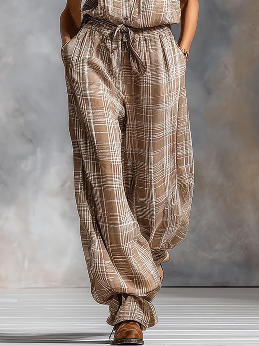 Lapel Collar Plaid Print Chiffon Sleeveless Jumpsuit