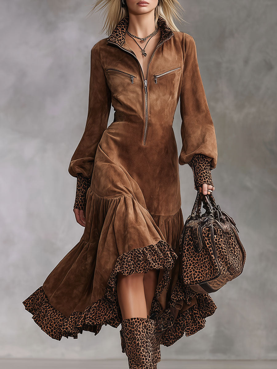 Western-style Stand-up Collar Zip-up Leopard Print Patchwork Faux Suede Midi Dress