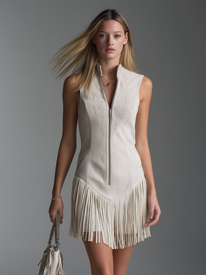 Stylish And Elegant Stand-up Collar Zipper Sleeveless Tassel Mini Dress