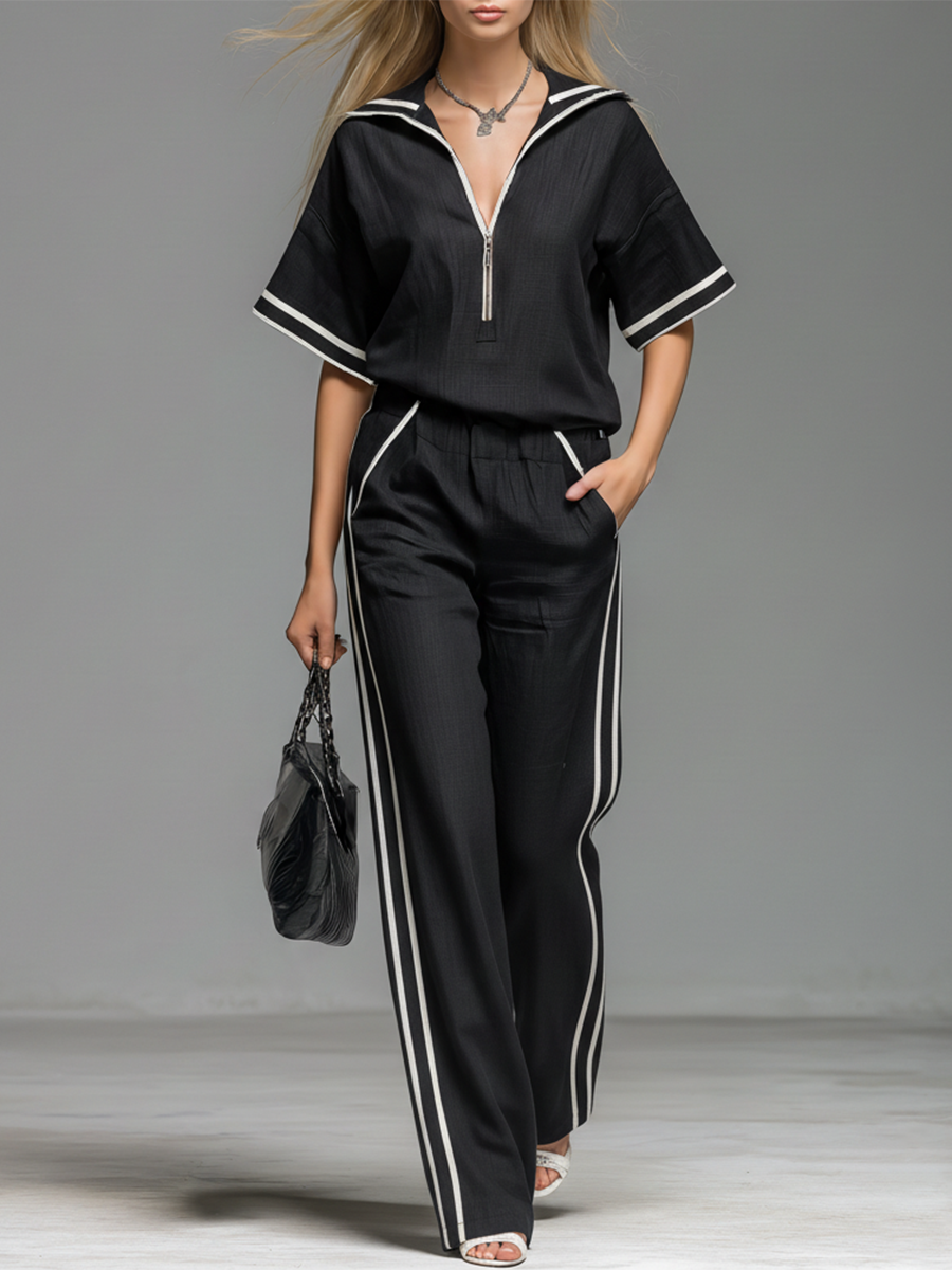 Casual And Comfortable Lapel Collar Zip-up Batwing Short-sleeved Top And Trousers Set