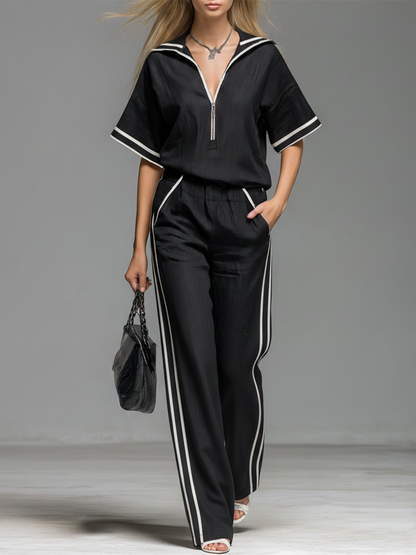 Casual And Comfortable Lapel Collar Zip-up Batwing Short-sleeved Top And Trousers Set