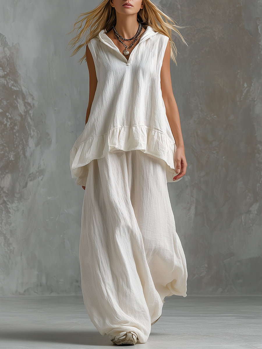 Elegant And Minimalist White Cotton And Linen Sleeveless Hooded Vest And Wide-leg Pants Set