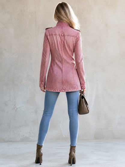 Women’s Pink Fitted Denim Jacket With Stand Collar