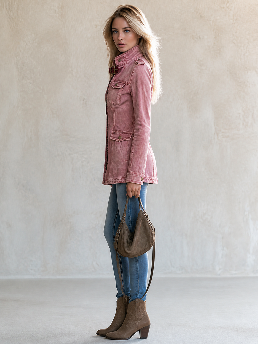 Women’s Pink Fitted Denim Jacket With Stand Collar