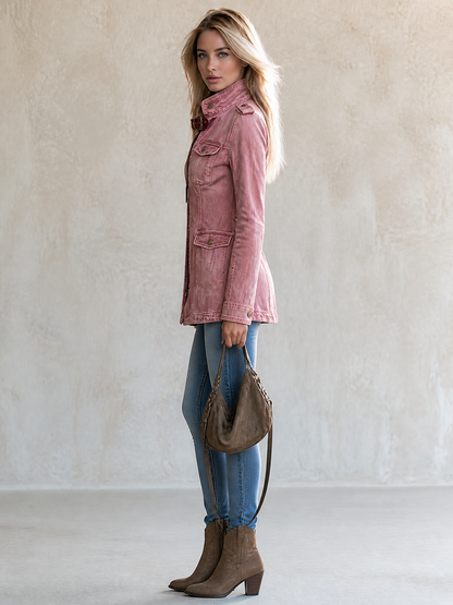 Women’s Pink Fitted Denim Jacket With Stand Collar