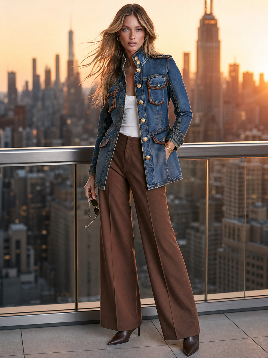 Women’s Western Utility Denim Jacket With Gold Buttons