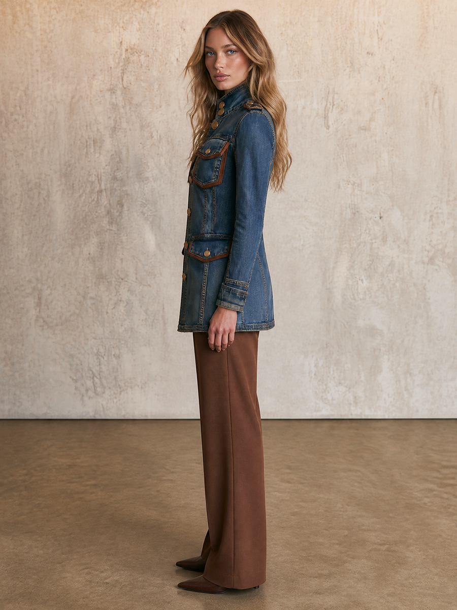 Women’s Western Utility Denim Jacket With Gold Buttons