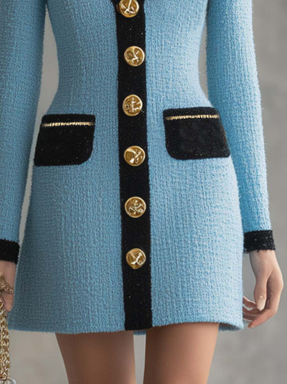 Vintage Classic V-neck Front Metal Button Black Trim Sky Blue Tweed Mini Dress