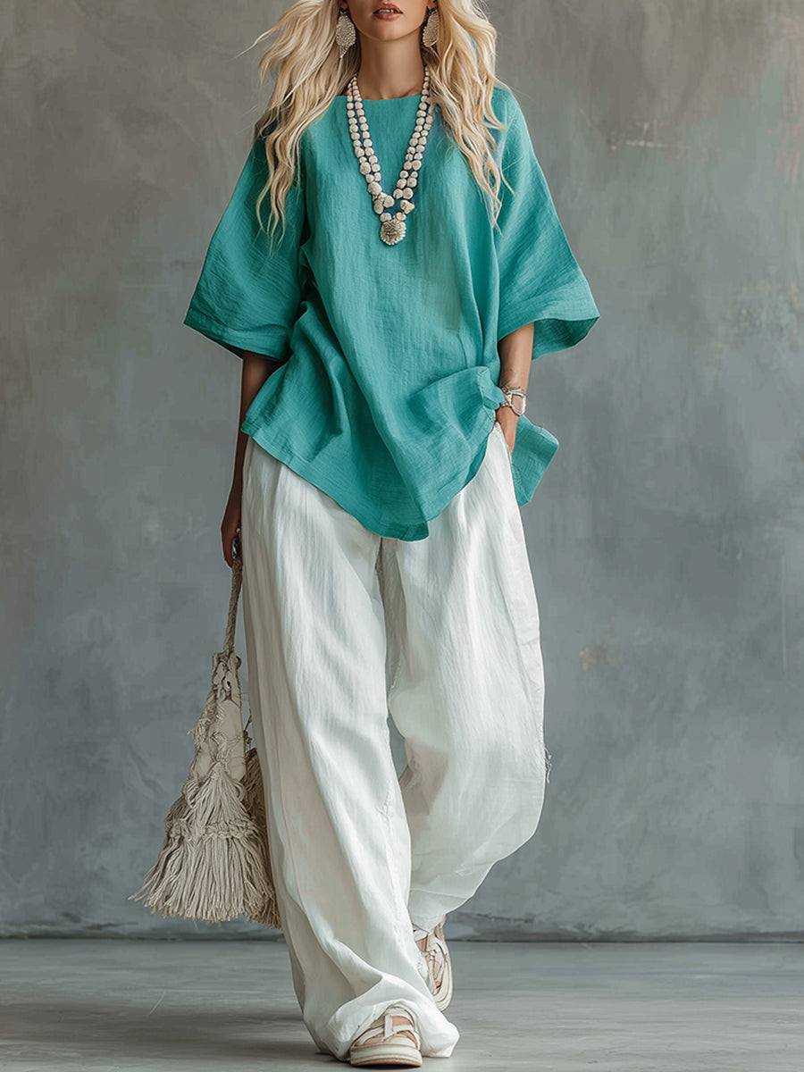 Urban Casual Light Blue-green T-shirt And White Wide-leg Pants Cotton And Linen Set