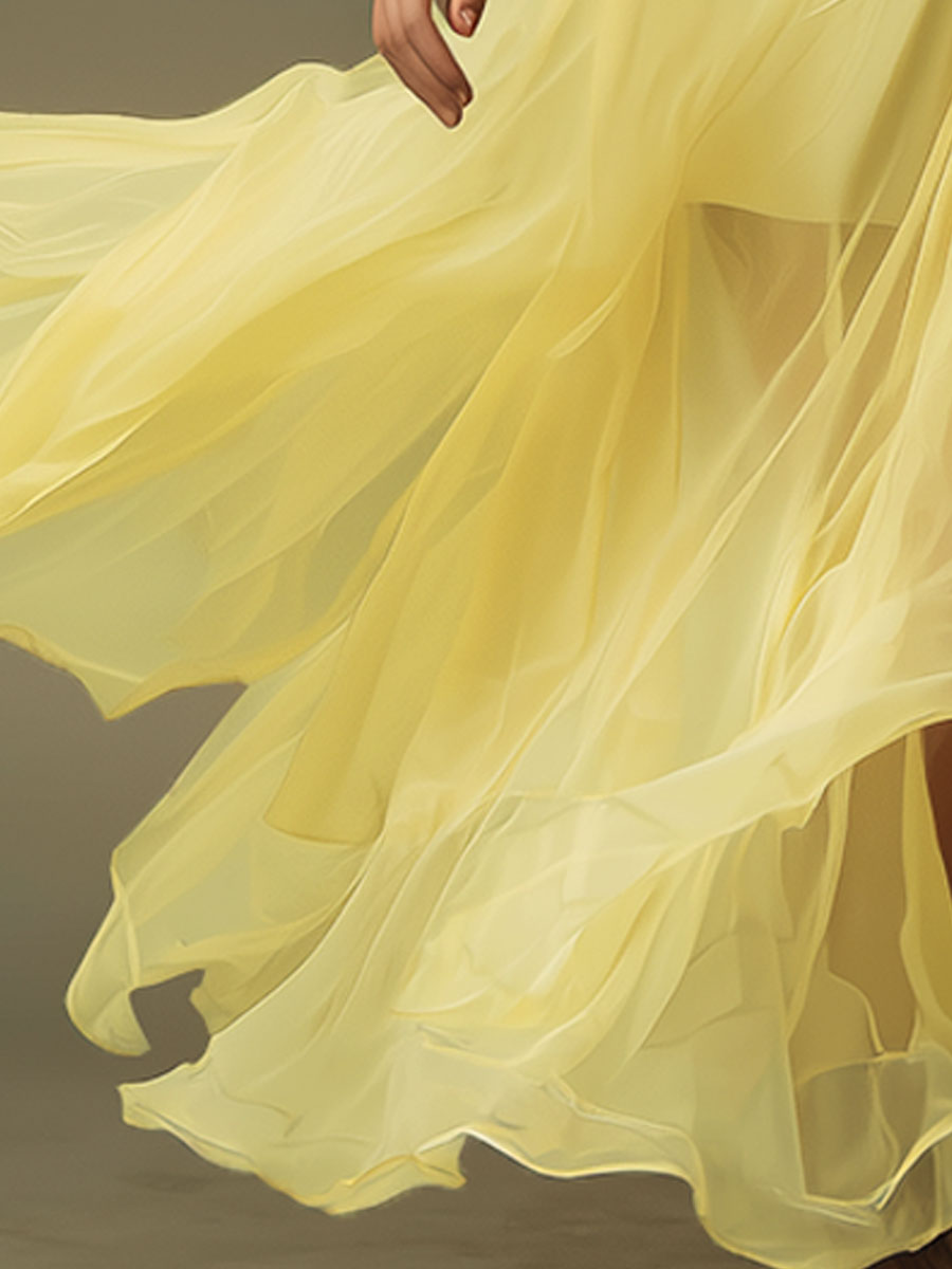 Elegant Resort-style Yellow Ruffled Halter Neck V-neck Chiffon Maxi Dress