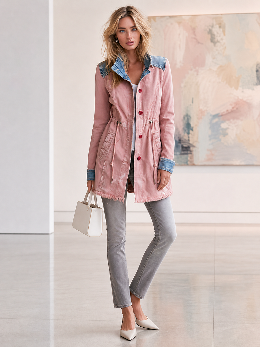 Women’s Pink Longline Denim Jacket With Drawstring Waist