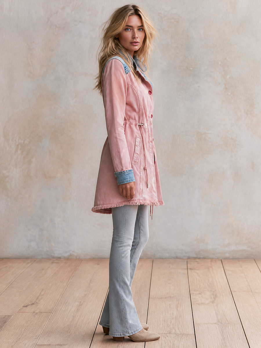 Women’s Pink Longline Denim Jacket With Drawstring Waist