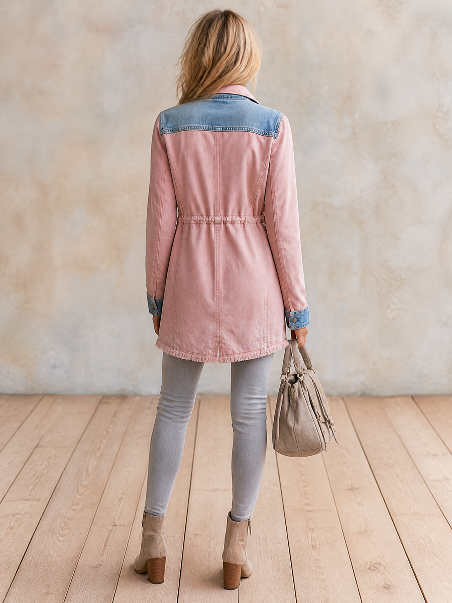 Women’s Pink Longline Denim Jacket With Drawstring Waist