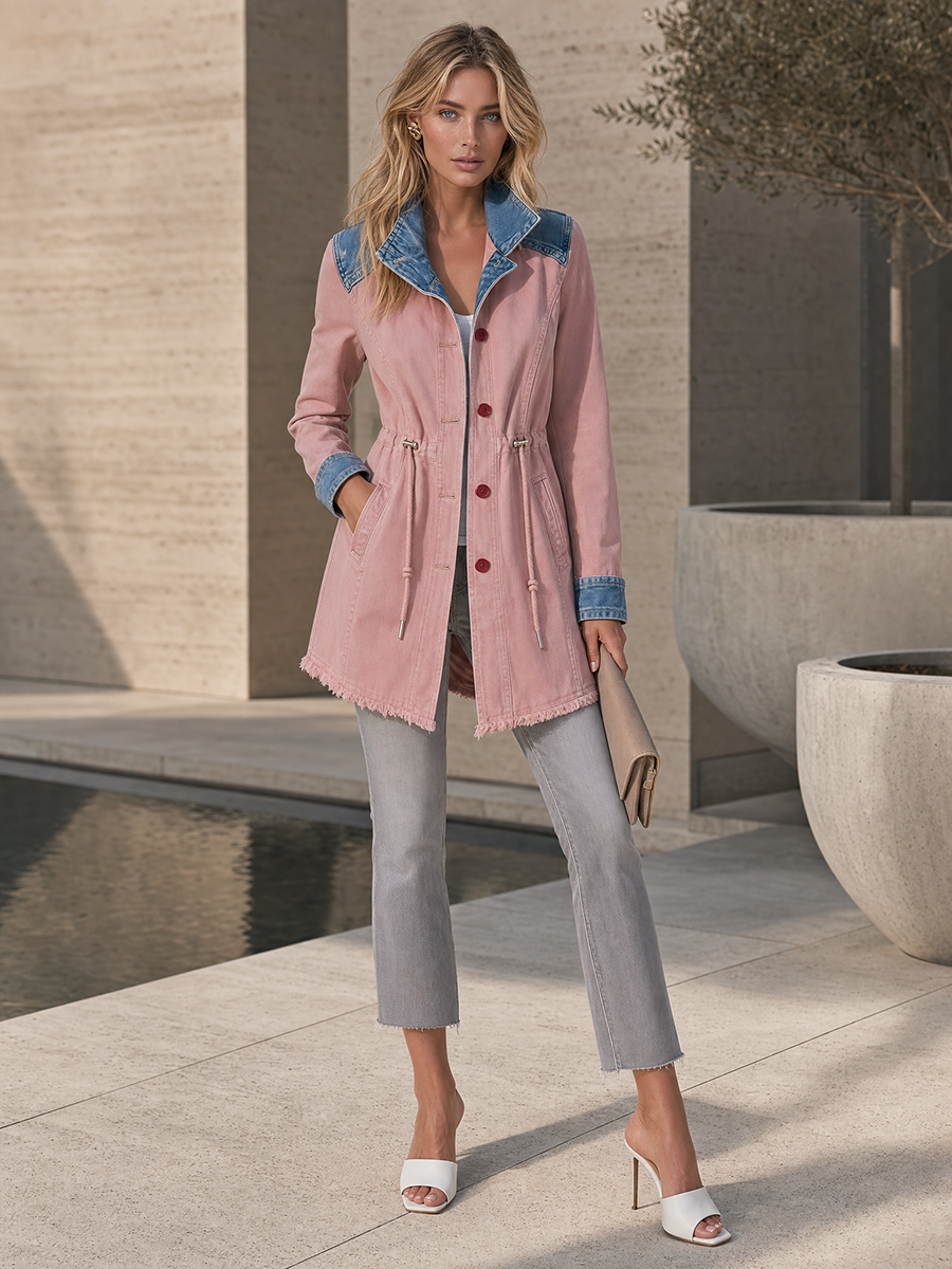 Women’s Pink Longline Denim Jacket With Drawstring Waist