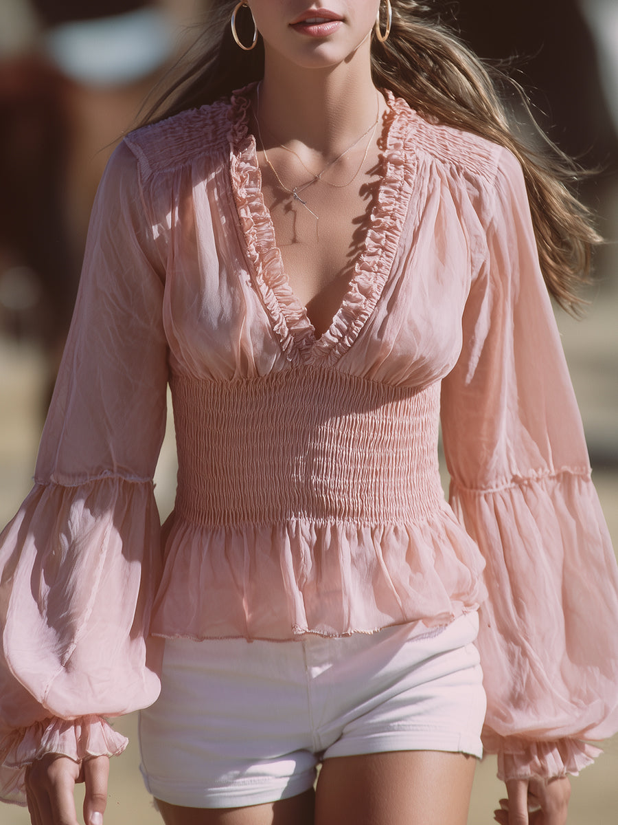 Western-style Pink Chiffon V-neck  With Ruffled Trim And Elasticated Waist  Top