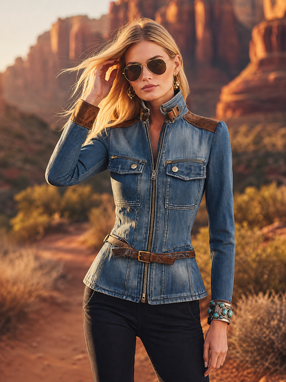 Women’s Fitted Denim Moto Jacket With Suede Trim