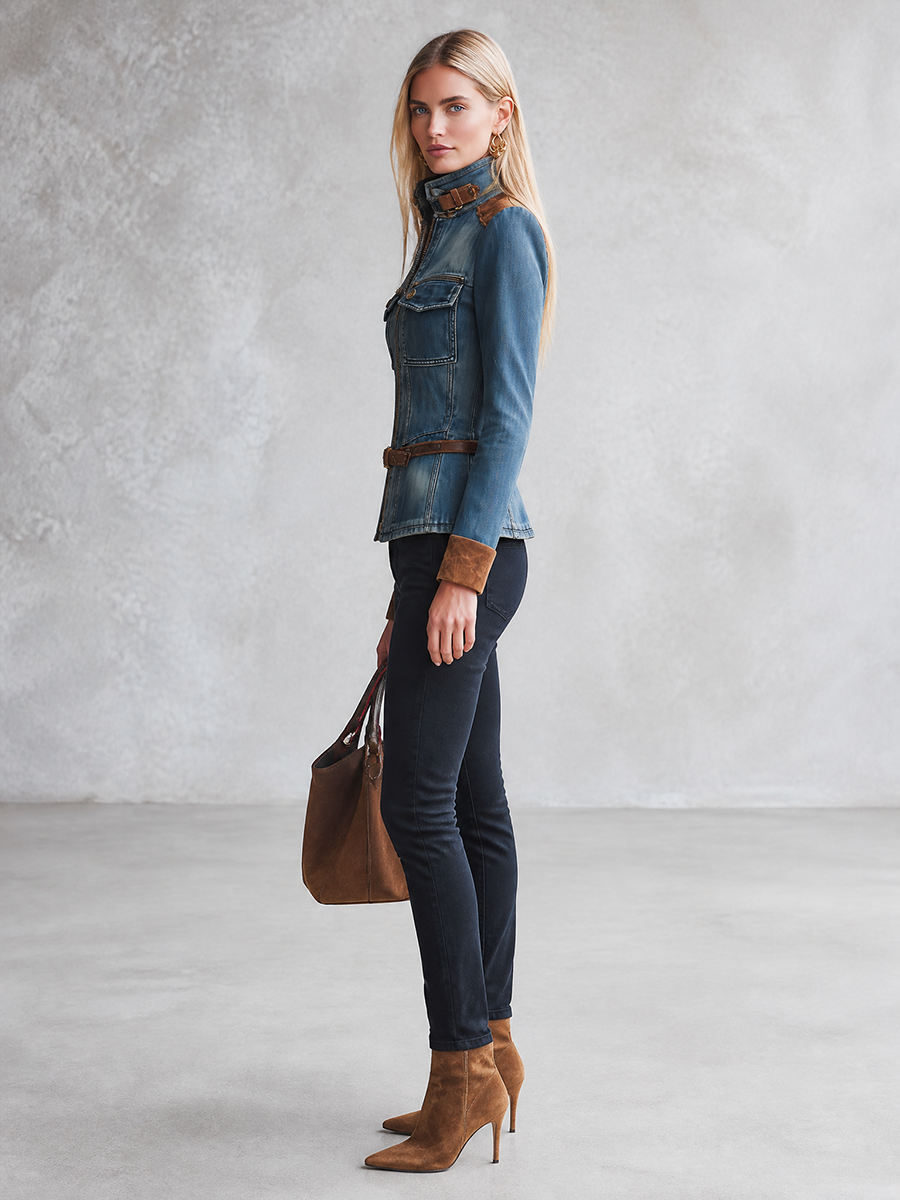 Women’s Fitted Denim Moto Jacket With Suede Trim