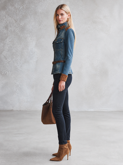 Women’s Fitted Denim Moto Jacket With Suede Trim