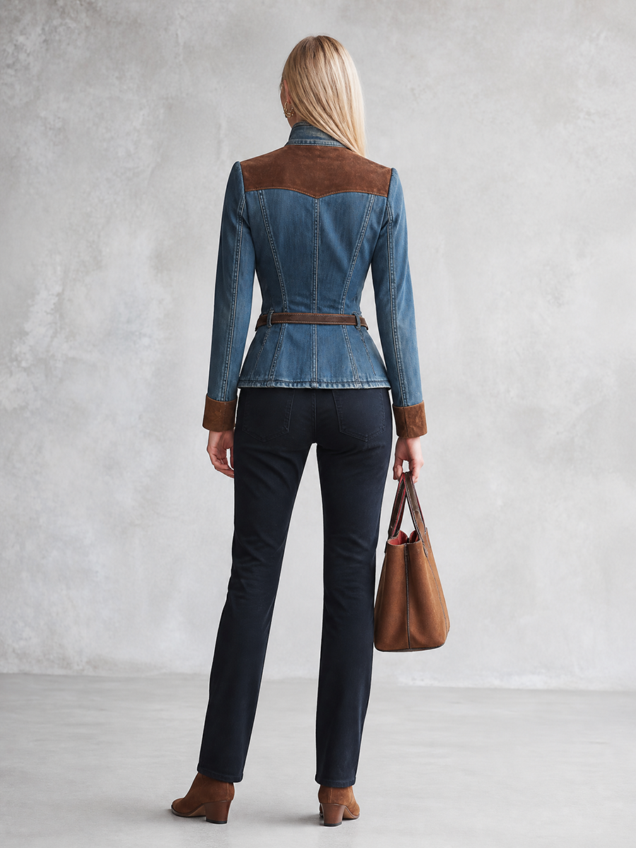 Women’s Fitted Denim Moto Jacket With Suede Trim